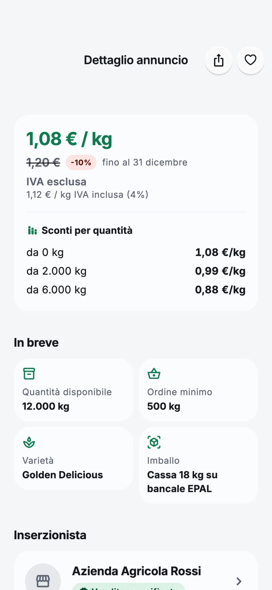 Dettaglio di un annuncio: prezzo scontato, IVA e sconti per quantità