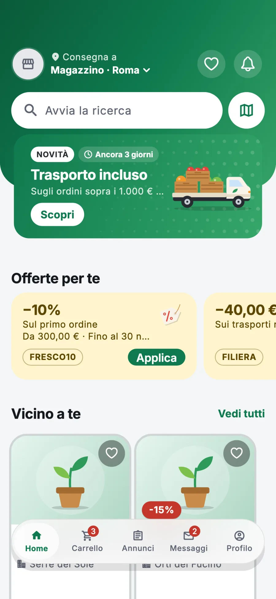 Home con offerte, banner e annunci vicini