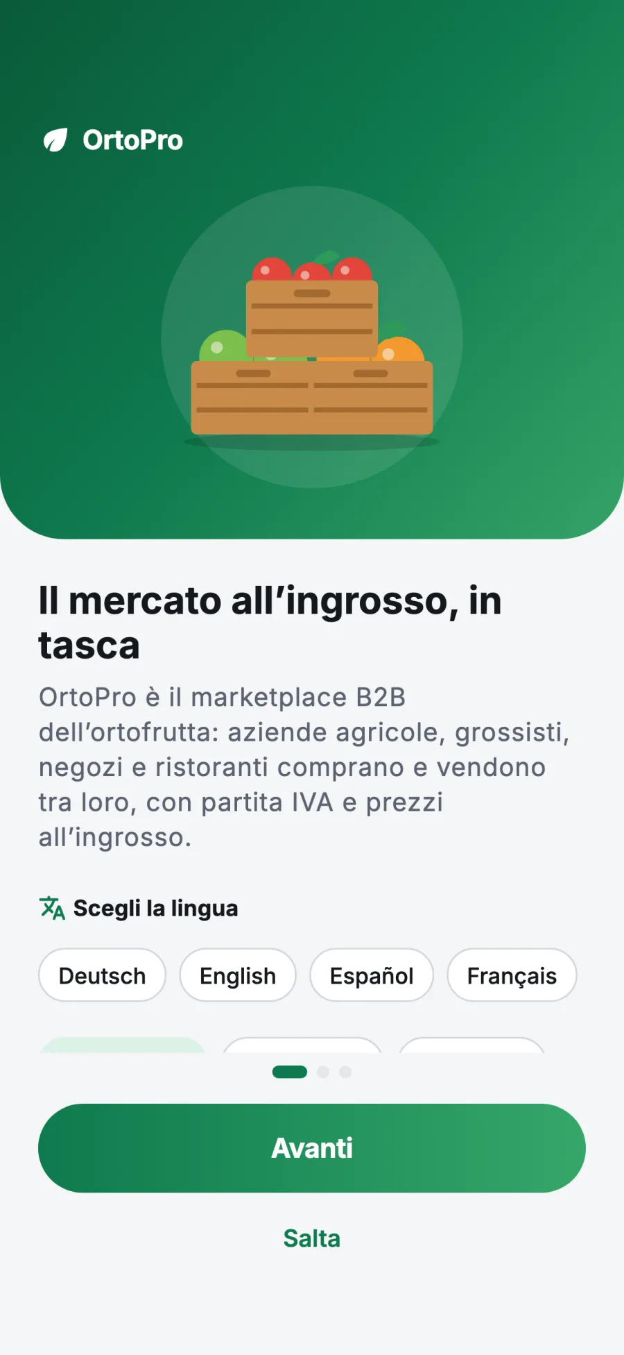 Presentazione dell’app con la scelta della lingua